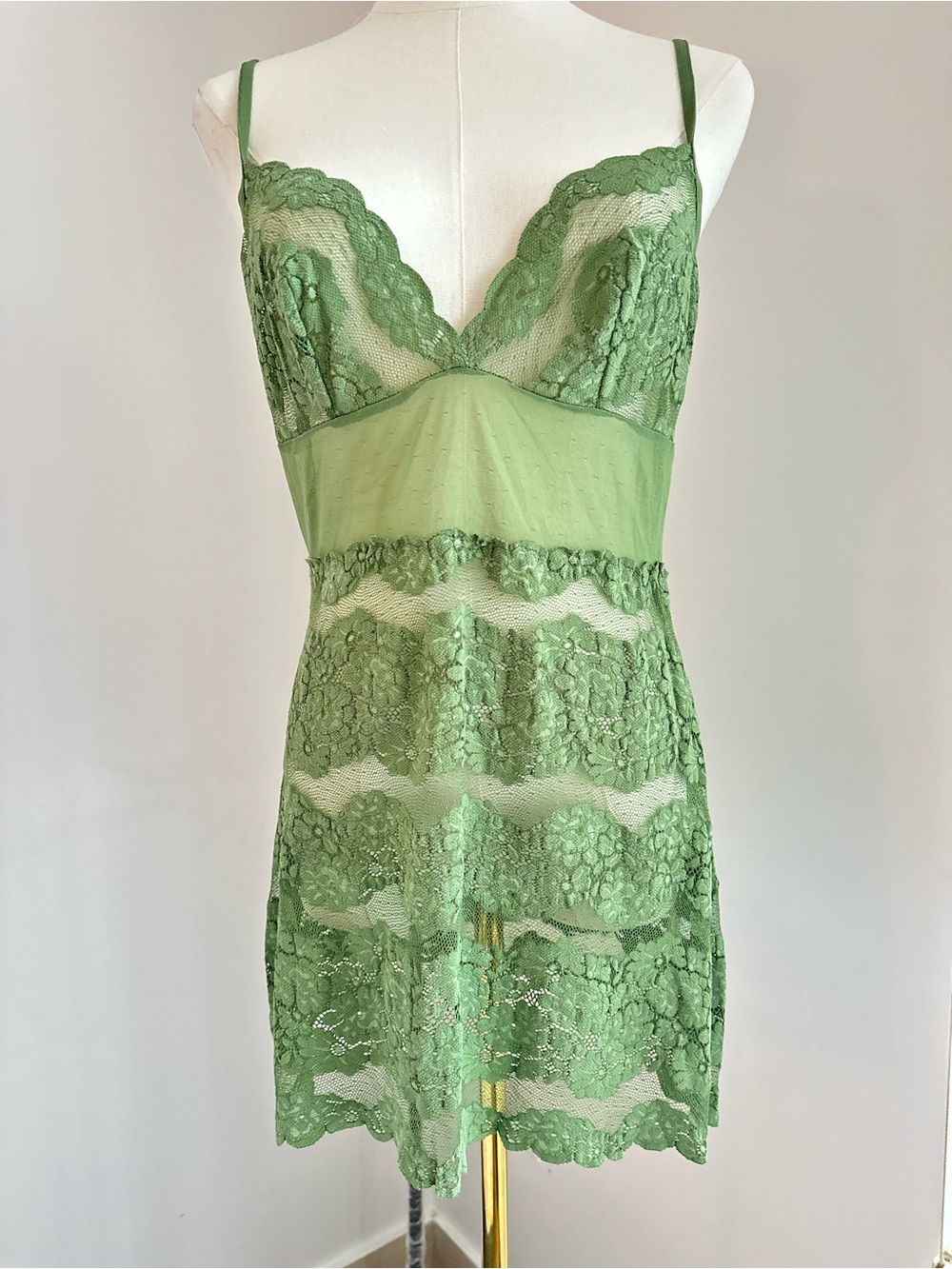 La Perla Sheer Lace Chemise in Sage Green